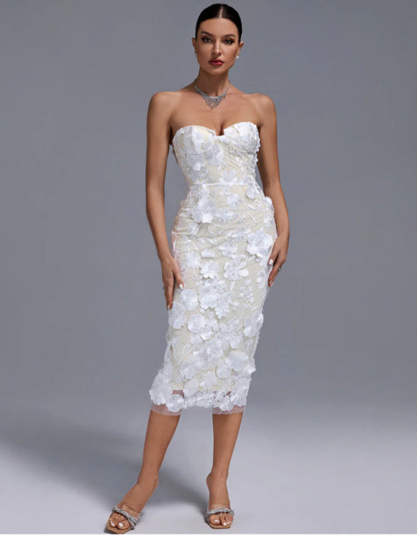 Marella Emme Abituro Floral Applique Sleeveless Round Neck Dress White